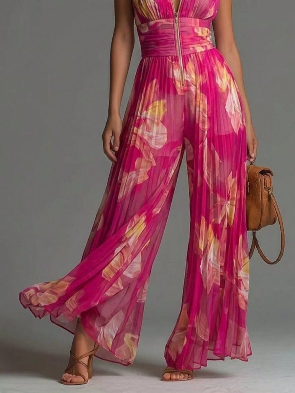 Multicolor Elegant Women's Sleeveless Palazzo Floral Print Jumpsuit - Picture 3 of 4